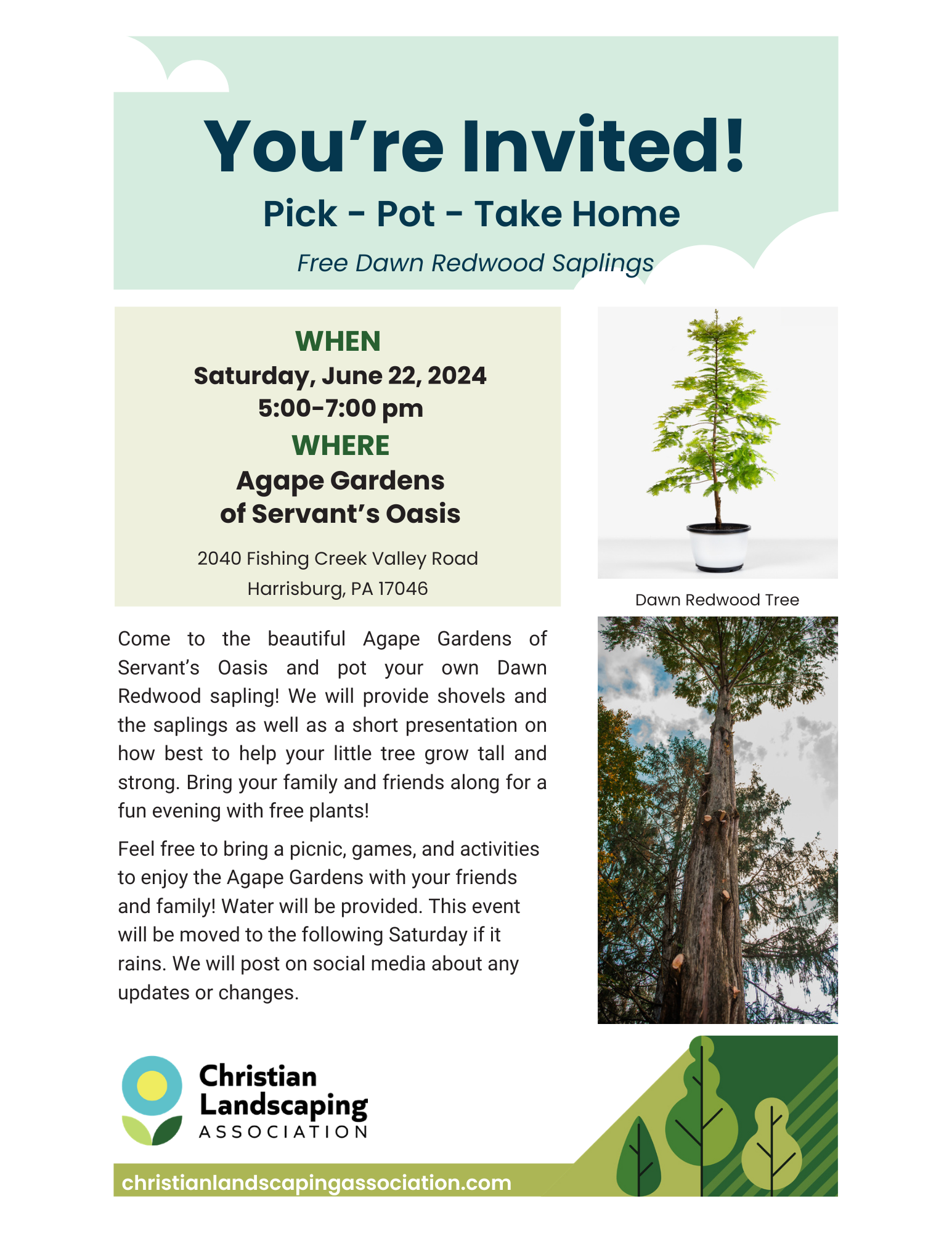 Join us at Servant's Oasis on Saturday June 22nd from 5pm-7pm to pick, pot, and take home your own sapling.